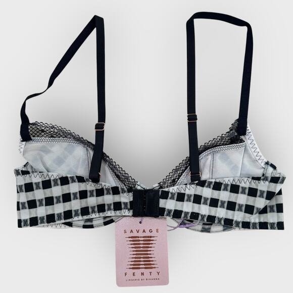 Savage X Fenty Gingham Remix Unlined Plunge Bra | 32C Black White Sexy Lingerie - Picture 6 of 7